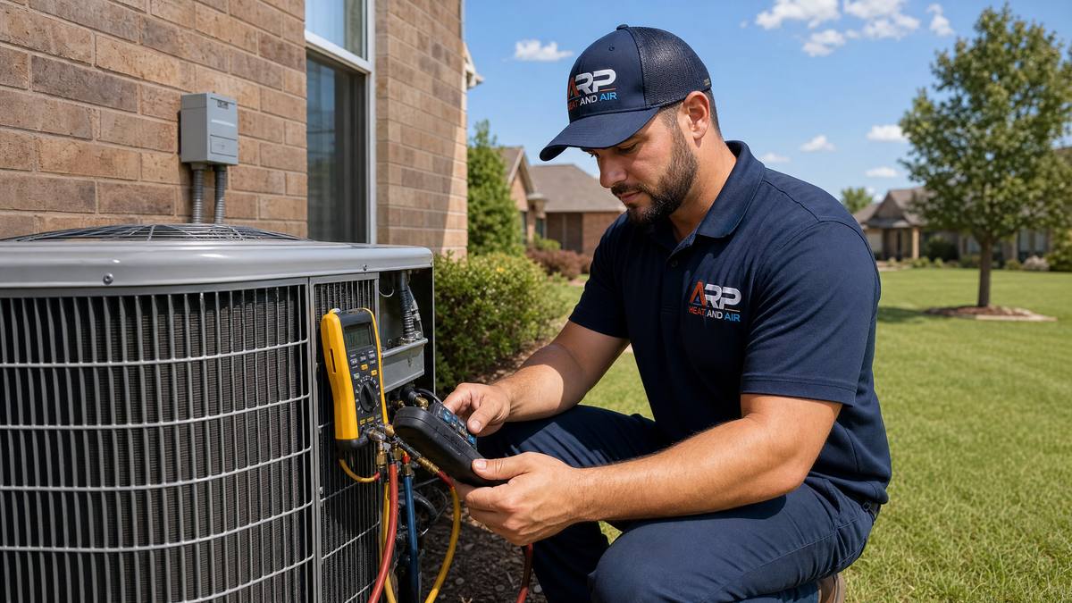 ARP Heat And Air technician repairing AC unit at Edmond Oklahoma home