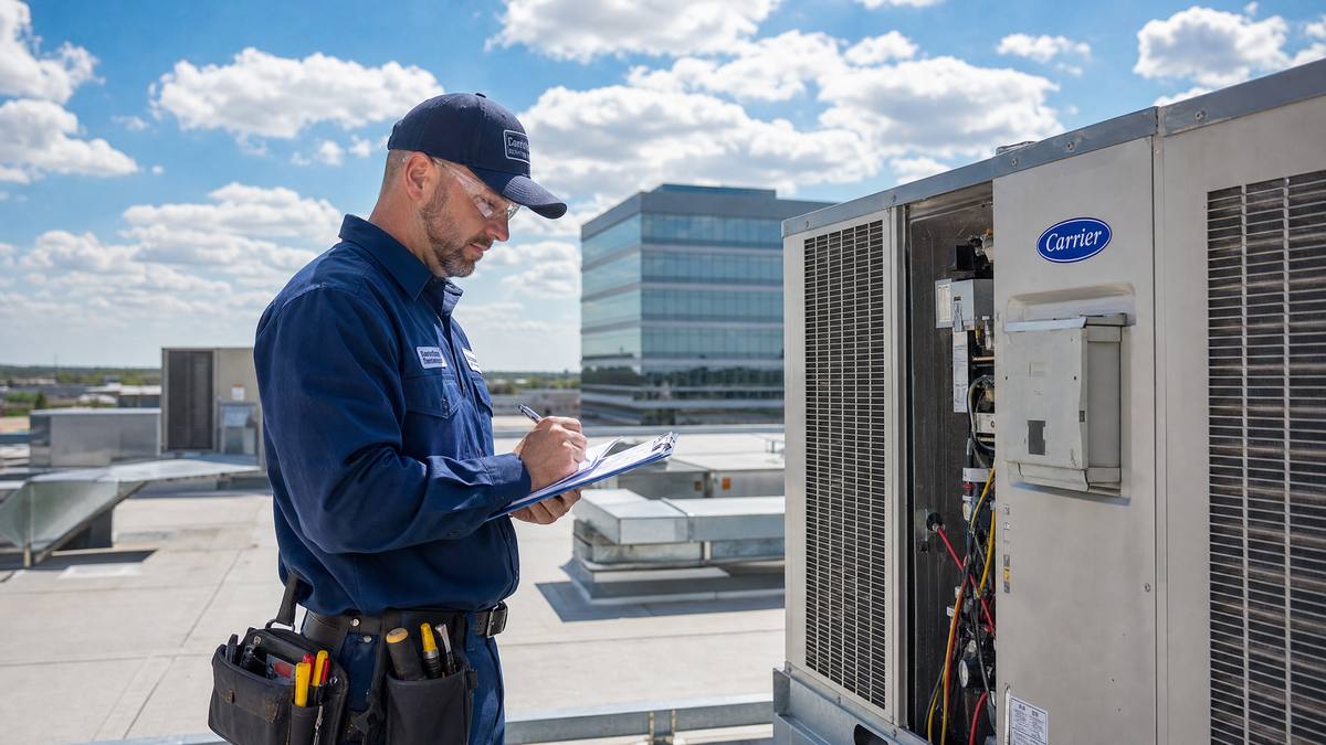 ARP technician performing commercial HVAC maintenance inspection in Edmond Oklahoma
