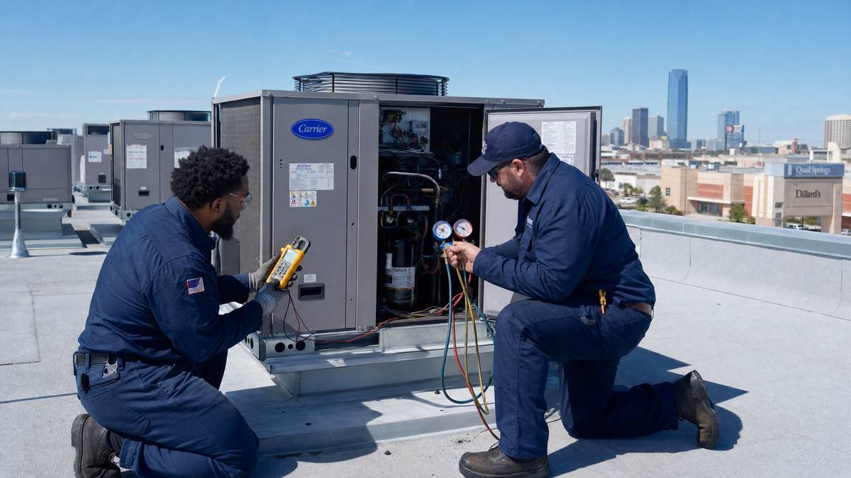 Two ARP technicians servicing commercial rooftop HVAC units in Oklahoma City