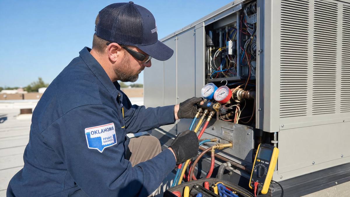 ARP technician repairing commercial rooftop packaged unit in OKC Oklahoma