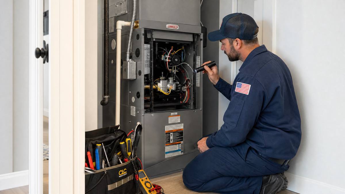 ARP HVAC technician servicing residential furnace in Oklahoma City home