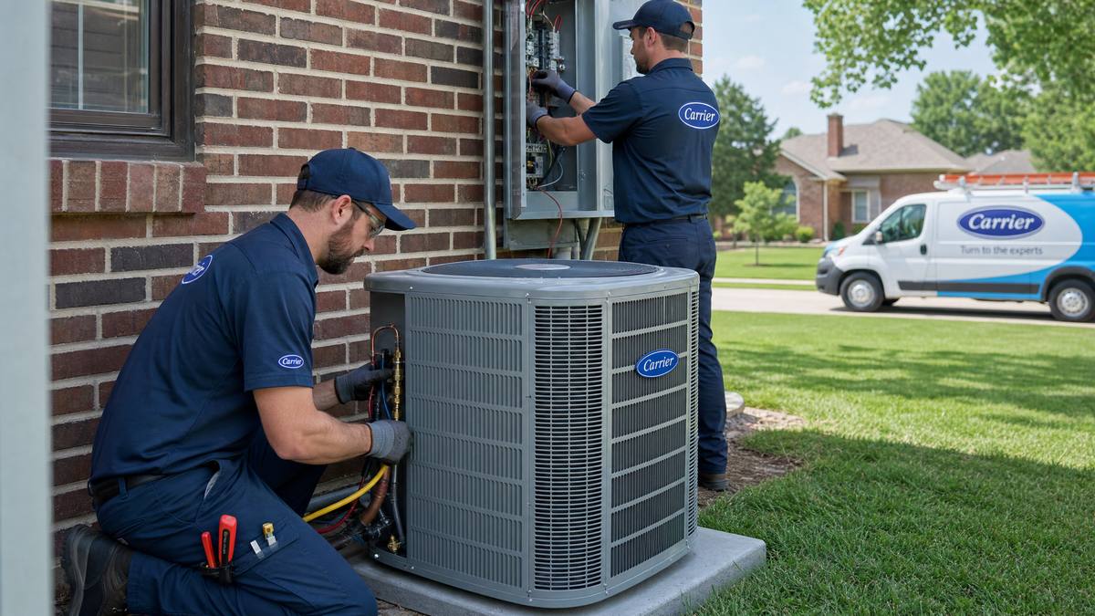 Two ARP technicians installing new Carrier AC system at Edmond OK home