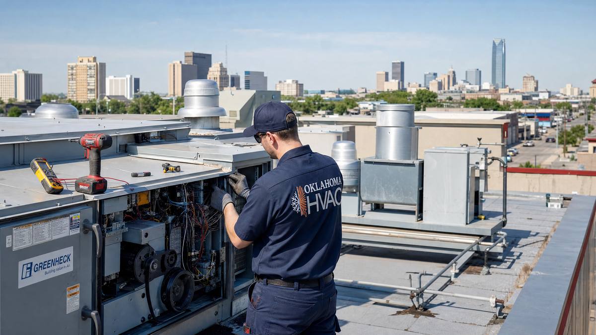 ARP technician servicing make-up air and rooftop HVAC on Oklahoma restaurant